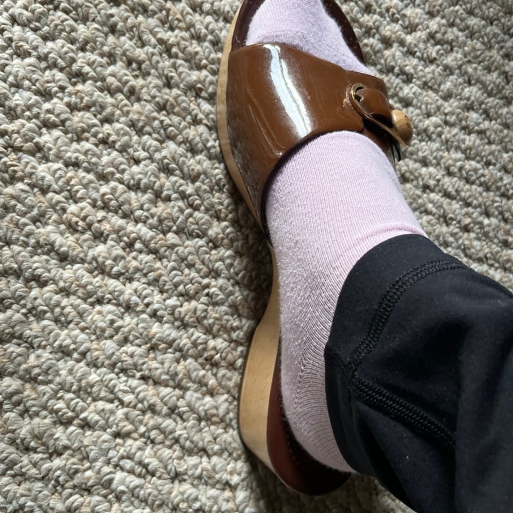 Brown Leather Clogs with Pink Socks